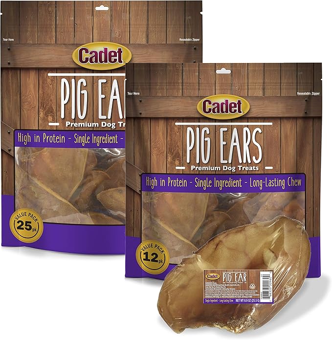 Cadet Natural Pig Ears for Dogs, Long Lasting & Natural Chew Treats for Dogs, 25 Count