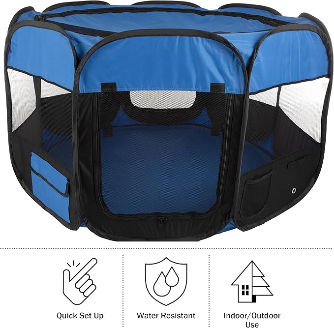 Pet Playpen - 42x25 Pop-Up Dog Kennel with Carry Bag - Portable Play Pen for Dogs, Cats, Rabbits, and Small Animals by PETMAKER (Blue)