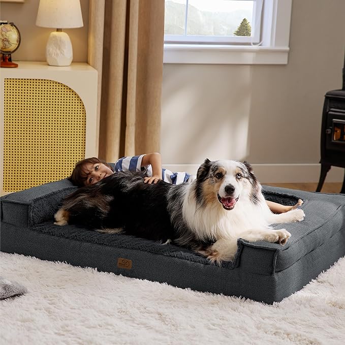 Bedsure Orthopedic Dog Bed for Extra Large Dogs - Egg Foam Dog Sofa Bed, Bolster Couch Pet Bed with Removable Waterproof Washable Cover, Comfy Plush Velvet Fluff Surface, Nonskid Bottom, Charcoal