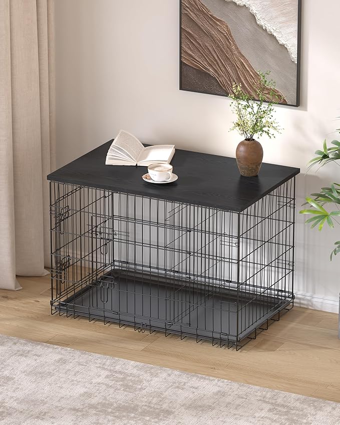 Piskyet Dog Crate Topper Wood Countertop for 48 42 36 30 24 inch Dog Cage, Dog Crate Cover,Dog Kennel Topper(Crate Not Include) (Black, for 48 Inch Crate)