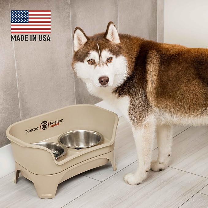 Neater Feeder - Express Model - Mess-Proof Dog Bowls (Medium/Large, Almond) – Made in USA – Elevated, No Spill, Non-Tip, Non-Slip, Raised Stainless Steel Food & Water Pet Bowls