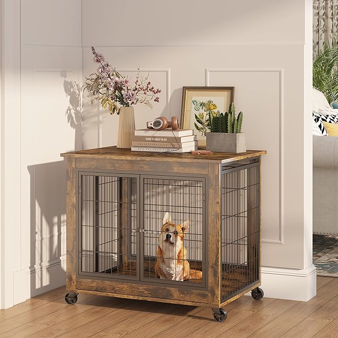 NicBex Dog Crate Furniture Dog Cage with 3 Doors and Lift Top, Dog Kennels for Inside Space, Wooden Dog Crate on Wheels with Durable Frame for Multiple Dogs, Rustic Brown