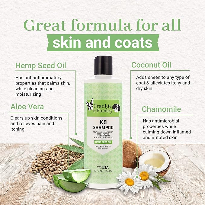 Frankie & Paisley Dog Shampoo for Allergies and Itching | Made with Plant-Based Hemp Seed Oil, Aloe, Coconut Oil | Puppy Shampoo for Sensitive Skin | Sulfate Free Shampoo and Paraben Free - 16 FL OZ