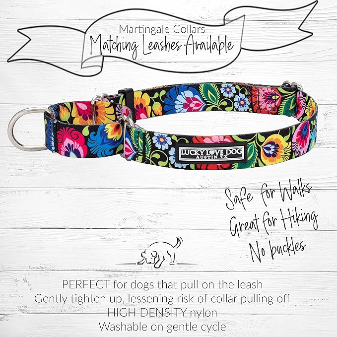 Lucky Love Dog Wide Martingale Dog Collar - No-Slip, Durable, & Soft Webbing 1.5 inch Martingale Collar for Dogs Male and Female - Ideal for Training & Walking, Stylish Blackbird Pattern, Medium Size