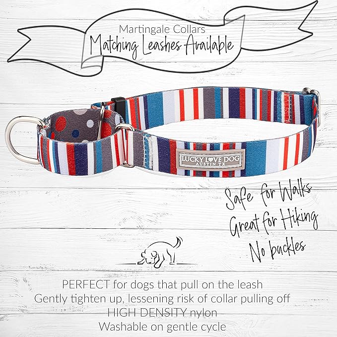 Lucky Love Dog, Nautical Martingale Dog Collar, Premium No Slip Collar, Polka Dot Striped Martingale Collar, for Dogs - (Medium, Linus Mart)