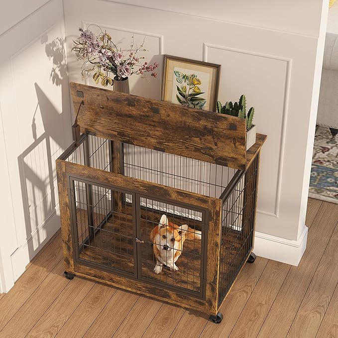 NicBex Dog Crate Furniture Dog Cage with 3 Doors and Lift Top, Dog Kennels for Inside Space, Wooden Dog Crate on Wheels with Durable Frame for Multiple Dogs, Rustic Brown