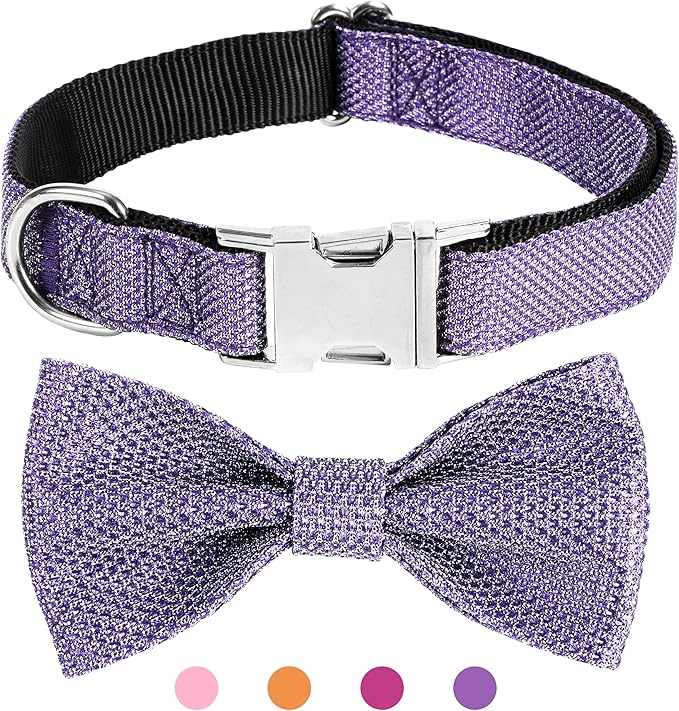 Dog Collar with Bow for Small Medium Large Dogs, Cute Bling Dog Bow Tie Collar with Metal Buckle, Soft & Durable for Medium Dogs Walking (Purple, M)