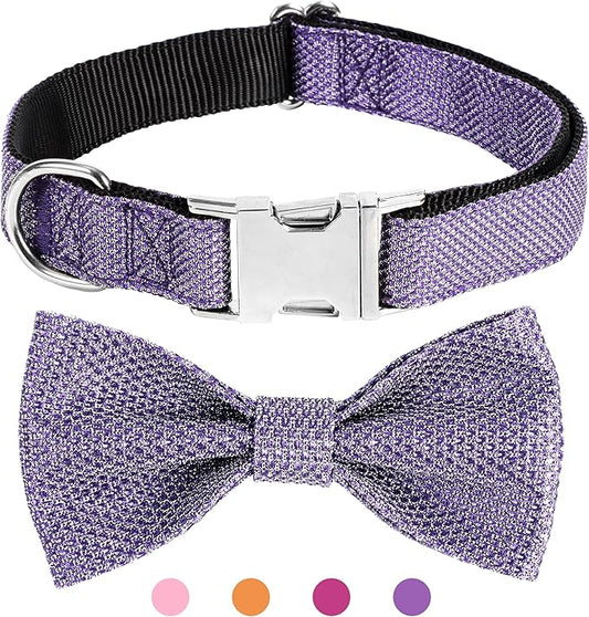 Dog Collar with Bow for Small Medium Large Dogs, Cute Bling Dog Bow Tie Collar with Metal Buckle, Soft & Durable for Medium Dogs Walking (Purple, M)
