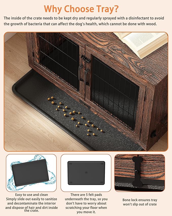 Piskyet Wooden Dog Crate Furniture with 360°Rotatable Removable Dog Bowls, Dog Crate End Table with Tray, Double Doors Dog Kennels for Dogs(XL:43.2" L*28.6" W*30.3" H, Rustic Style)