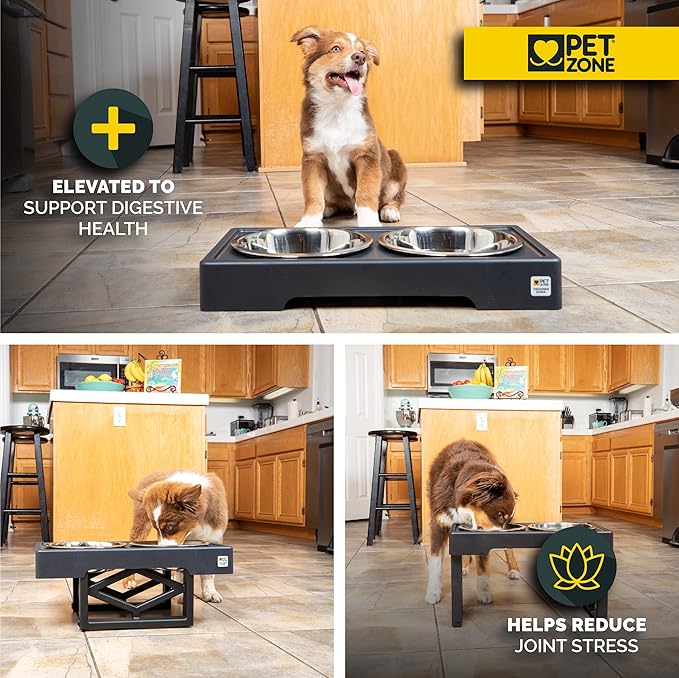 Pet Zone Designer Diner Bundle Adjustable Elevated Dog Bowls for Large Dogs, Medium and Small - Raised Dog Bowl Stand, Bowls for Food and Water Stainless Steel, 3 Heights, 2.75, 8", & 12''