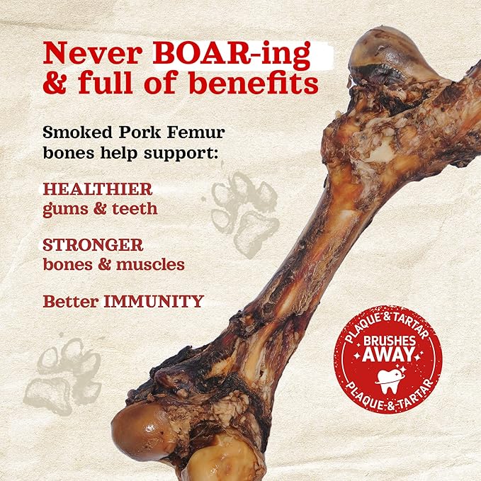 Natural Farm Smoked Pork Femur (4 Pack), 100% Natural Ham Bones for Dogs, High in Minerals & Vitamins, Mental Stimulation, Grain-Free Long-Lasting Bones for Large and Medium Dogs