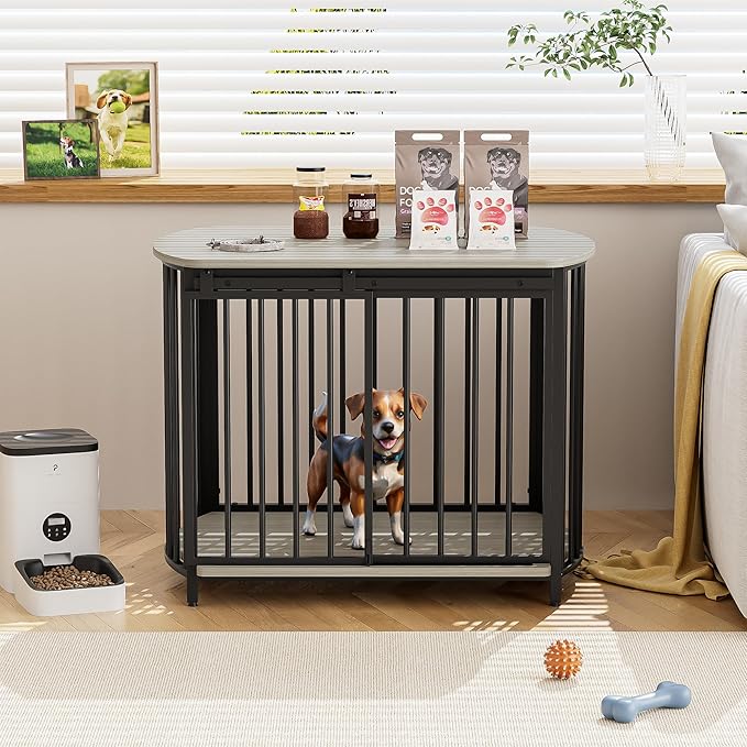 Merax 31.5" Furniture Style Dog Crate for Small and Medium Dogs, Wooden Cage Indoor Kennel Furniture, Modern Dog Crate End Table with Double-Doors, Gray