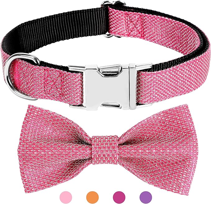 Dog Collar with Bow for Small Medium Large Dogs, Cute Bling Dog Bow Tie Collar with Metal Buckle, Soft & Durable for Large Dogs Walking (Dark Pink, L)