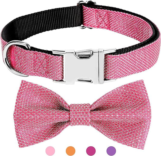Dog Collar with Bow for Small Medium Large Dogs, Cute Bling Dog Bow Tie Collar with Metal Buckle, Soft & Durable for Puppy Dogs Walking (Dark Pink, XS)