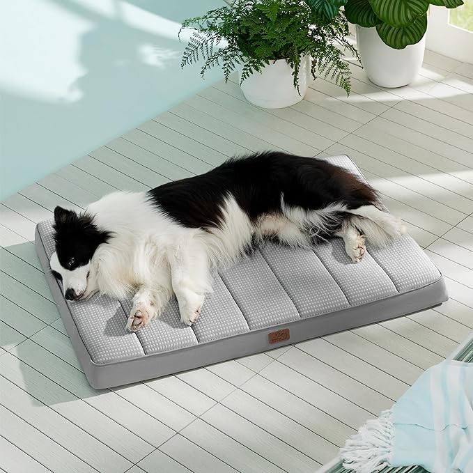 Bedsure Cooling Gel Foam Dog Bed for Large Dogs, Waterproof Orthopedic Egg Foam Dog Bed for Outdoor, Summer Comfort Pet Mats for Crate with Washable Cover(41"x29", Grey)