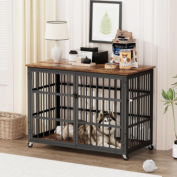 NicBex Dog Crate Furniture Dog Cage with Side Doors Opening, Dog Kennels for Inside Space, Wooden Dog Crate with Iron Doors and Lift Top for Medium and Small Dogs, Rustic Brown