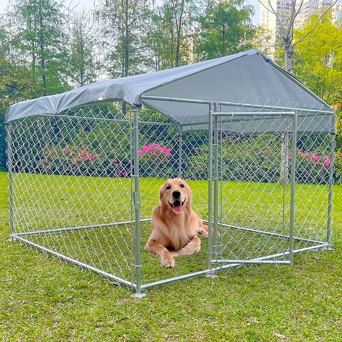 Outdoor Dog Kennel with Roof, Large Dog House Pen Enclosure Heavy Duty Chain Link Dog Kennel with Metal Gate (H3028)