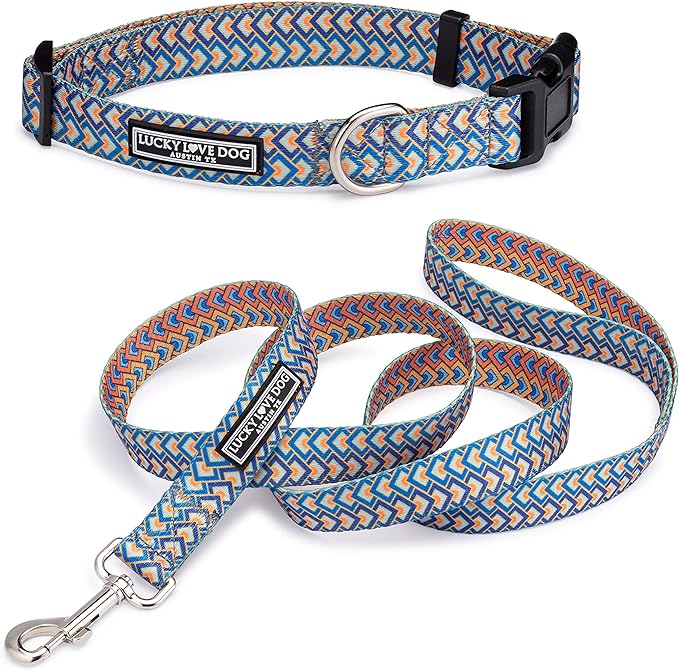 Lucky Love Dog, Bold Matching Dog Collar and Leash Set, Soft & Adjustable, Geometric Pattern Collar and Leash for Male Female Dogs - (Small, Murphy Combo)