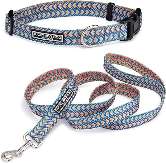 Lucky Love Dog, Bold Matching Dog Collar and Leash Set, Soft & Adjustable, Geometric Pattern Collar and Leash for Male Female Dogs - (Small, Murphy Combo)