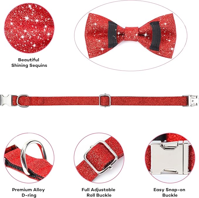 Bling Bow Tie Dog Collar and Leash Set, Red Christmas Dog Collar with Bow and 5ft Leash for Medium Dogs, Cute Walking Boy and Girl Dog Collar Set (Neck fit 13-19’’)