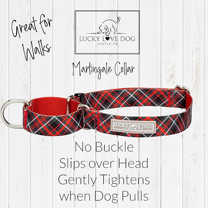 Lucky Love Dog, Evergreen No Slip Dog Collar, Vivid Berry Plaid Martingale Dog Collar for Boy and Girl Dogs - (Medium, Heywood Martingale)