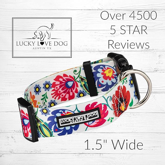 Lucky Love Dog Wide Dog Collar - Adjustable, Durable, Soft Webbing, & Comfortable 1.5 inch Wide Collar for Dogs Male and Female - in Ladybird Pattern with Strong Buckle, X-Large Size