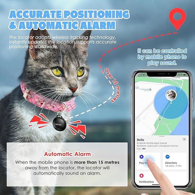 Cat Tracker GPS Collar No Monthly Fee, Real-Time Mini Pet Tracker for Small Medium Large Kittens, Reflective Waterproof Cat Tracking Collar with Bell, Indoor & Outdoor (Only for iOS)
