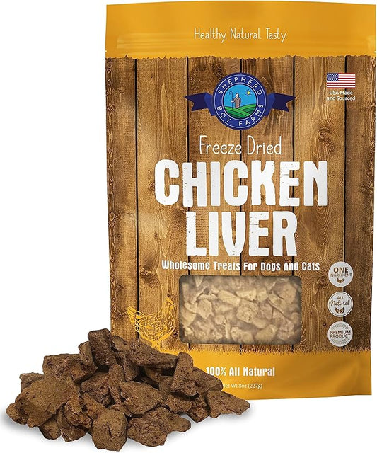 Freeze Dried Dog and Cat Treats, Chicken Liver, All Natural Single Ingredient Freeze-Dried Dog Treat & Dog Snacks, Made in USA, High Protein, Essential Nutrition Raw Dog Food, 8oz