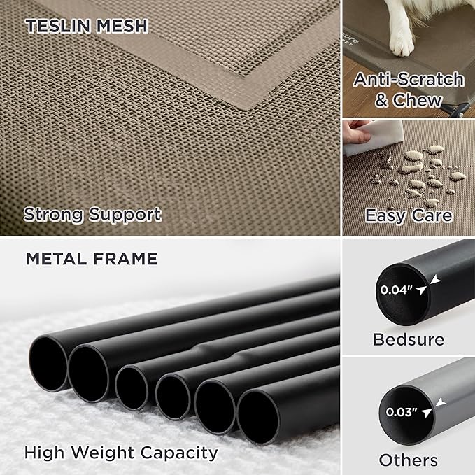 Bedsure Large Elevated Cooling Outdoor Dog Bed - Raised Cots for Large Dogs, Portable Indoor & Outdoor Pet Hammock Bed with Skid-Resistant Feet, Frame with Breathable Mesh, Brown, 49 inches