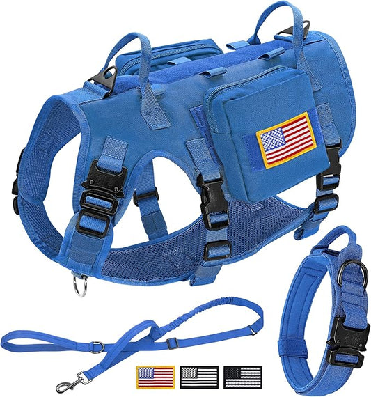 Forestpaw Tactical Dog Harness for Large Dogs,Tactical Dog Collar with Bungee Leash Set,No Pull Military Dog Harness for Dog Walking Training,Adjustable for Medium Large Dogs,Blue L