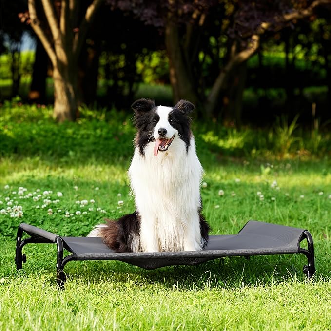 Bedsure XL Elevated Raised Outdoor Dog Bed - Cooling Dog Cot Bed with Bolster for Extra Large Dog, Lifted Pet Bed with Breathable Teslin Mesh, Dog Hammock Bed with Non-Slip Feet, Grey, 42 inches