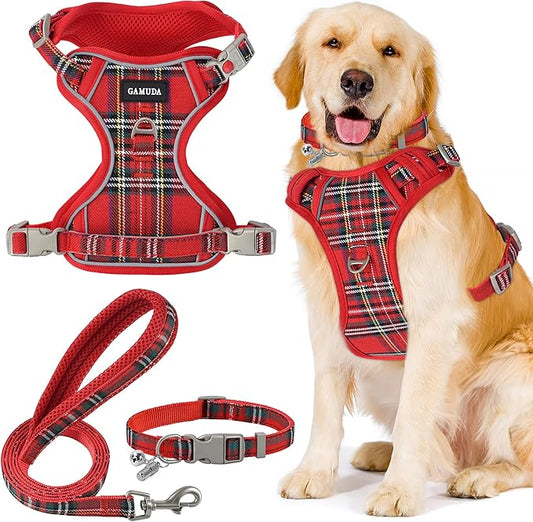 GAMUDA Dog Harness Collar and Leash Set, Dog Harness, No Chock No Pull Adjustable Vest Harnesses Plaid Reflective for Medium Dog, Cat, Small Horse, Small Bull and Pig (Red, L)