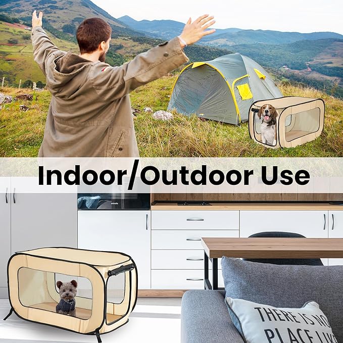 Beatrice Home Fashions Portable, Collapsible, Pop Up Kennel Travel Cat and Dog Crate, 40" L x 27" W x 27" H, Beige