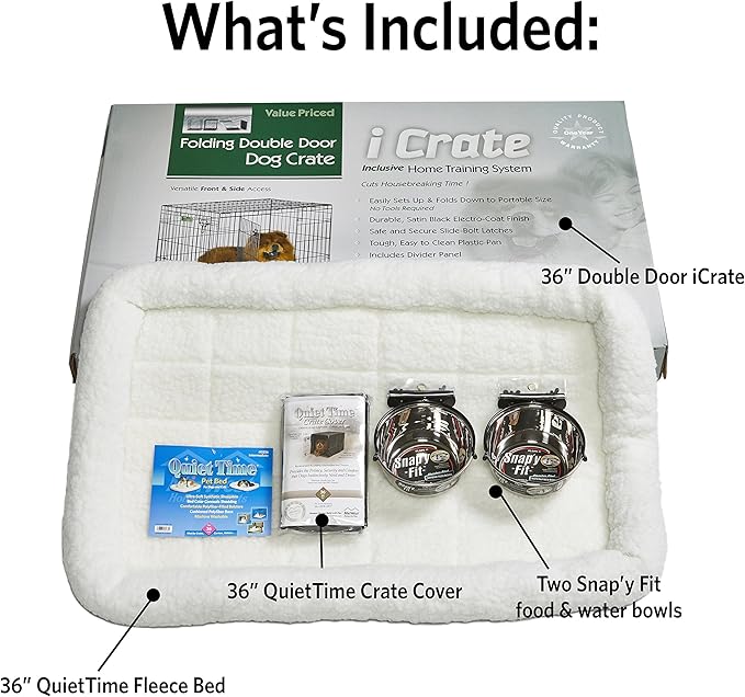 Midwest Homes for Pets 2 Door iCrate Pet Bed, Cover & 2 Bowls, 36" Kit/Medium/Large Dog Breed