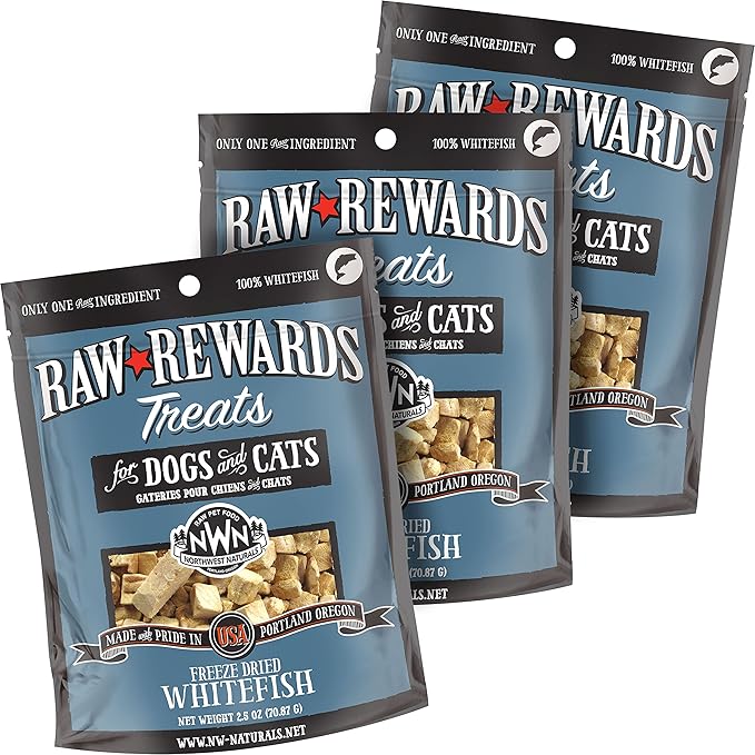 Northwest Naturals Raw Rewards Freeze-Dried Whitefish Treats for Dogs and Cats - Bite-Sized Pieces - Healthy, 1 Ingredient, Human Grade Pet Food, All Natural - 2.5 Oz (Pack of 3)