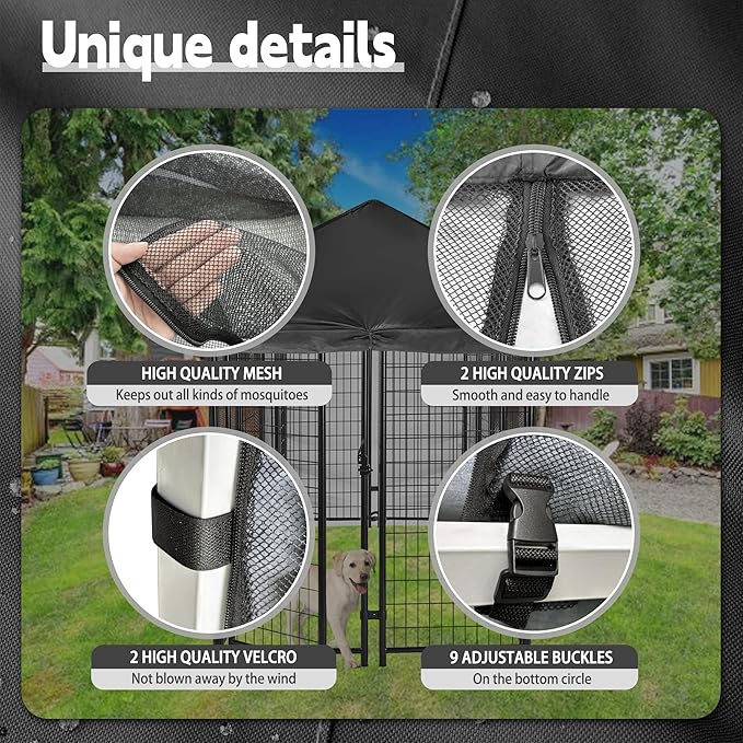 Outdoor Dog Kennel Cover Black for 8'Dx4'W 600D Waterproof and Durable Dog Crate Cover with Mesh Breathable Good Observation（Cover Only）