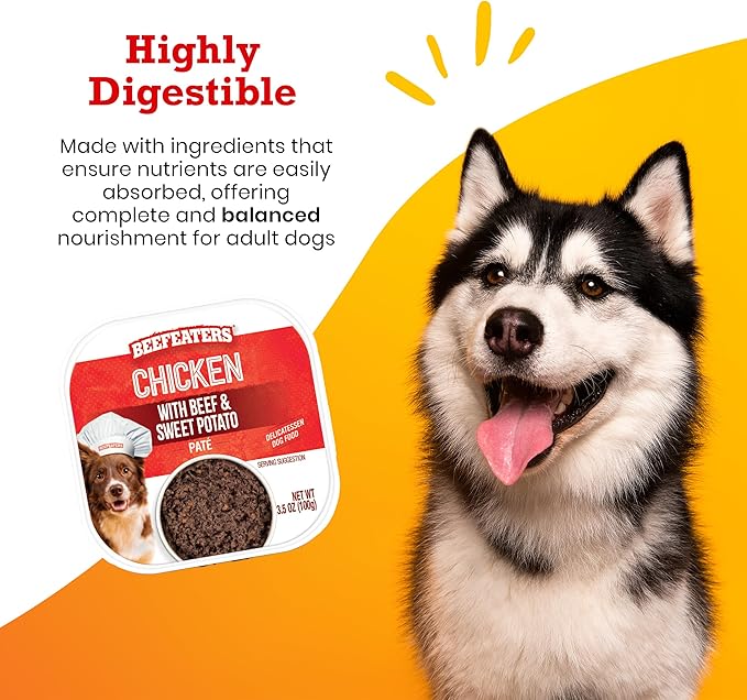 Beefeaters Dog Treats - Chicken, Beef & Sweet Potato Pate 3.5oz, Case of 96 | Complete Adult Dog Food, No Artificial Preservatives | Highly Digestible, Nutrient-Rich | Dog Training Treats for Adults