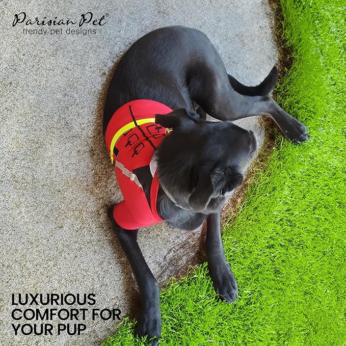 Parisian Pet Embroidered Firefighter Dog Costume - 100% Cotton & Polyester - Sleeved - Red - Large - Lightweight