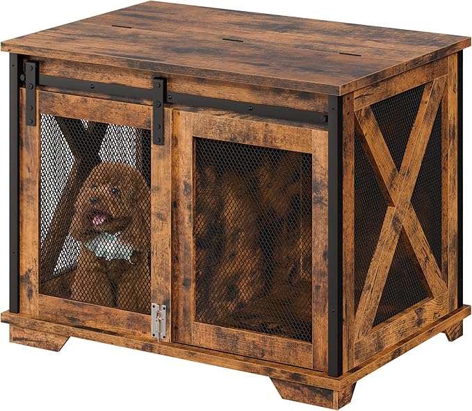 GAOMON Sliding Doors Dog Crate Furniture，Indoor Wooden Dog Crate Furniture with End Table and Flip-top Plate，Detachable Divider for Dog Kennel,Dog House, Rustic Brown