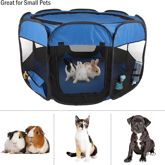 Pet Playpen - 42x25 Pop-Up Dog Kennel with Carry Bag - Portable Play Pen for Dogs, Cats, Rabbits, and Small Animals by PETMAKER (Blue)