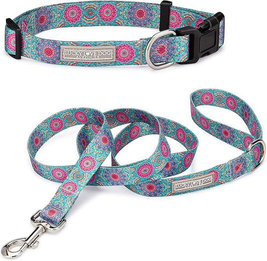 Lucky Love Dog, Boho Chic Matching Dog Collar and Leash Set, Vivid Pink and Turquoise Collar and Leash for Dogs, Soft, Adjustable, Safe for Training and Walking - (Small, Clara Combo)