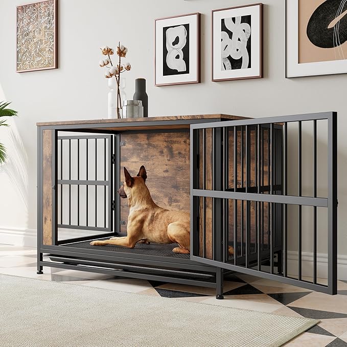 Ball & Cast 38.9" Wooden Dog Kennel with 2 Sliding Doors,Decorative Pet Crate Furniture with Pull-Out Tray,Thick Iron Frame Indoor Dog Cage for Small Dogs,Easy Assembly,Rustic Brown