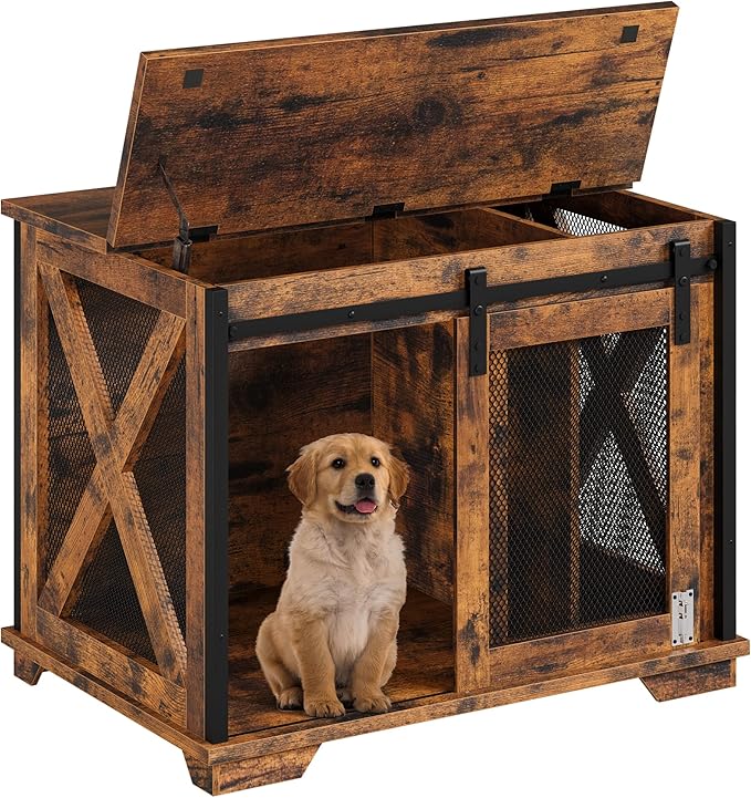 GAOMON Sliding Doors Dog Crate Furniture，Indoor Wooden Dog Crate Furniture with End Table and Flip-top Plate，Detachable Divider for Dog Kennel,Dog House, Rustic Brown