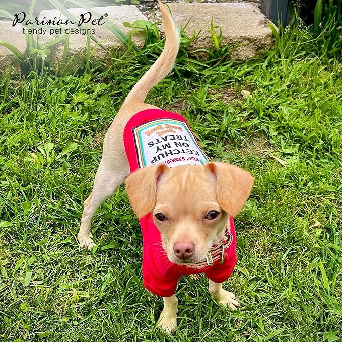 Parisian Pet Dog Shirt - Embroidered “I Put Ketchup on My Treats“ - 100% Cotton and Polyester Dog Clothes - Sleeved, Lightweight Costume for Dogs - Red Dog Shirts for Large Dogs - Pet Costumes - XL
