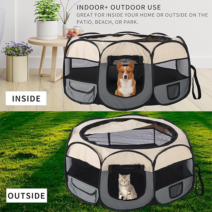 Pet Cat Playpen for Indoor Cats,Portable Pet Dog Playpen,Puppy Small Dog Cat Tent Crates Cage,29x29x16,Grey/Beige,1Pack