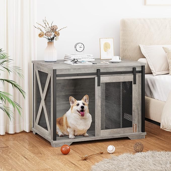 GAOMON Dog Crate Furniture with Slidings Doors，Wooden Dog Kennel End Table with Flip-top Plate for Dogs，Indoor Dog Crate Furniture with Detachable Divider for Medium Dogs, Dog House,Grey
