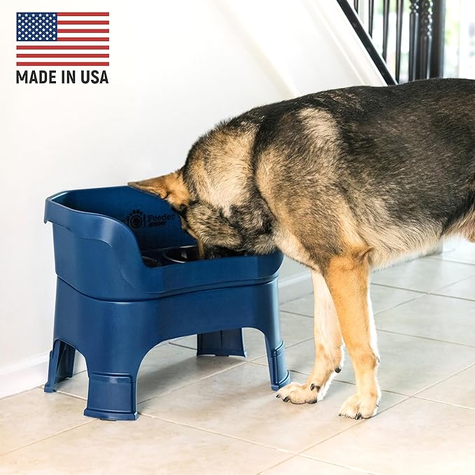 Neater Feeder Deluxe Mess Proof Dog Bowls Elevated for Large Dogs – Made in USA – No Spill Raised Dog Food Bowl Stand w/Leg Extensions – Stainless Steel Dog Food and Water Bowl Set – Dark Blue