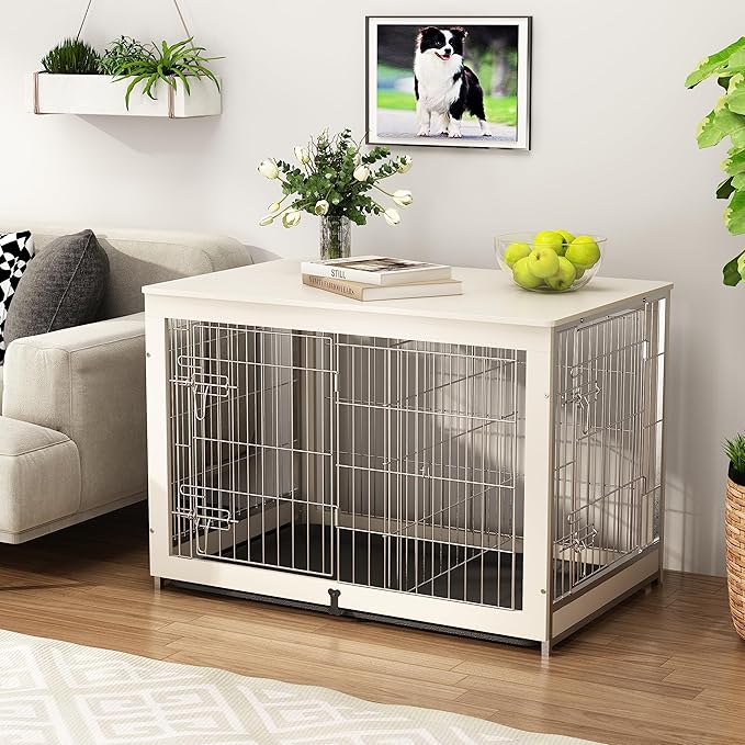 Piskyet Wooden Dog Crate Furniture with Divider Panel, Dog Crate End Table with Fixable Slide Tray, Double Doors Dog Kennel Indoor for Dogs(L:37.8" L*25.1" W*26.3" H,White)