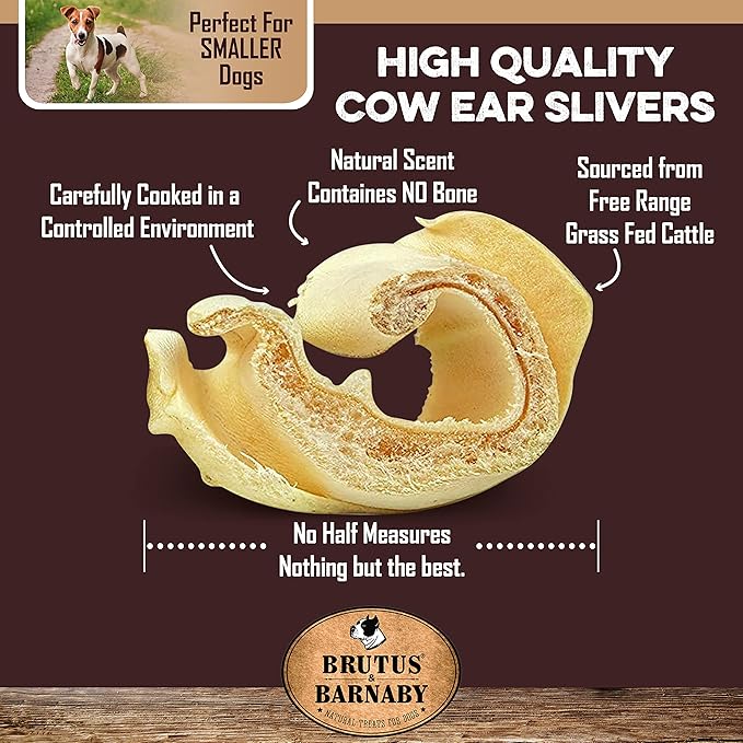 BRUTUS & BARNABY Cow Ears for Dogs; Ear Slivers are Great for Puppy Teething, Single Ingredient Beef Ear Slivers for Small to Medium Size Dogs (100grams)