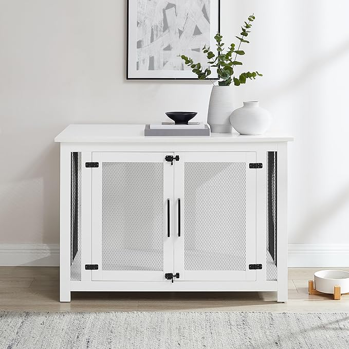 Crosley Furniture Dane Credenza Console Table Dog Crate Kennel for Pets, White
